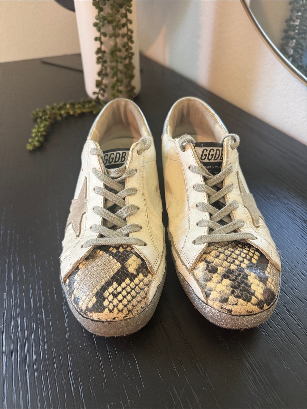 Golden Goose Cream Leather Sneakers with Snake-Print Toe